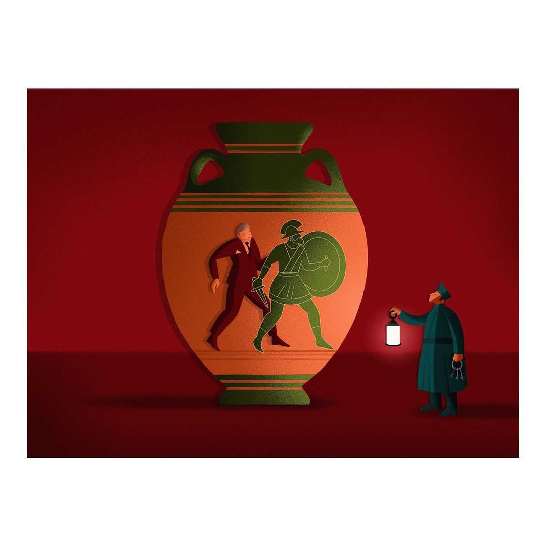 Illustration of two figures on a vase, one in a suit and the other in warrior attire, with a guard holding a lantern on a red background.