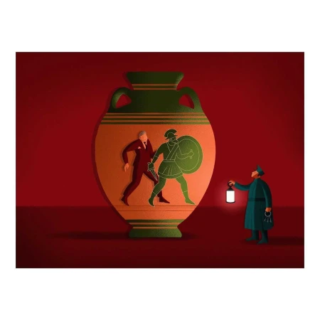 Illustration of two figures on a vase, one in a suit and the other in warrior attire, with a guard holding a lantern on a red background.