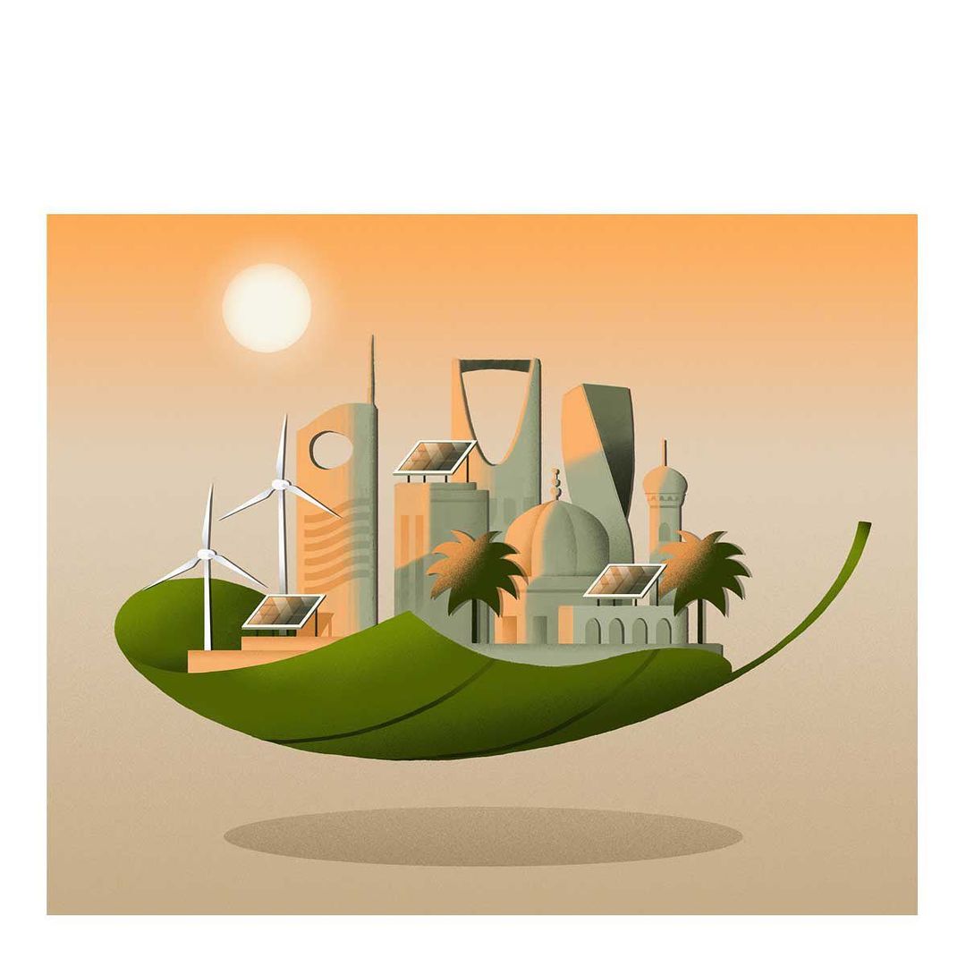 Illustration of a city on a leaf, featuring modern buildings, wind turbines, and solar panels, symbolizing sustainable urban development.