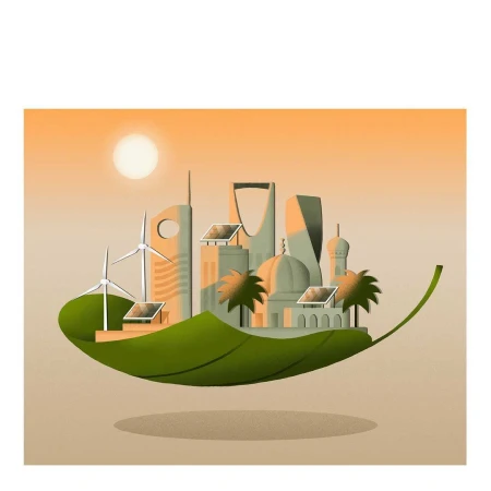 Illustration of a city on a leaf, featuring modern buildings, wind turbines, and solar panels, symbolizing sustainable urban development.