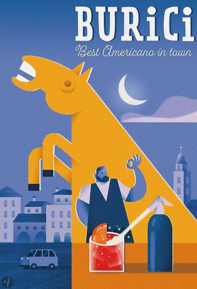 Illustration of a cocktail with a man, horse, and buildings. The illustration promotes a drink with a bright, vibrant aesthetic.