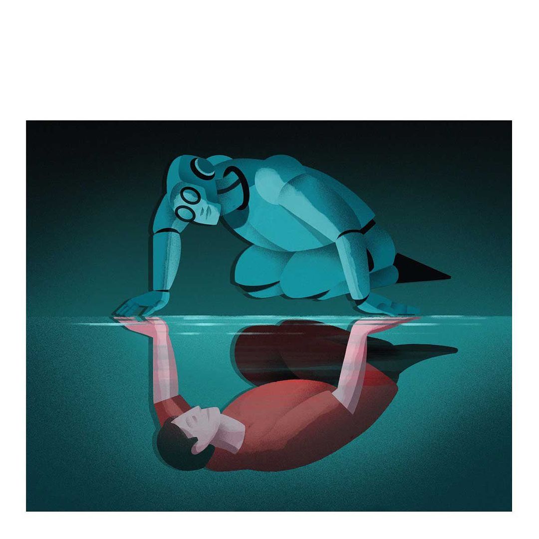 Illustration of a humanoid robot leaning forward, seemingly interacting with a human reflection in water, set against a dark background.