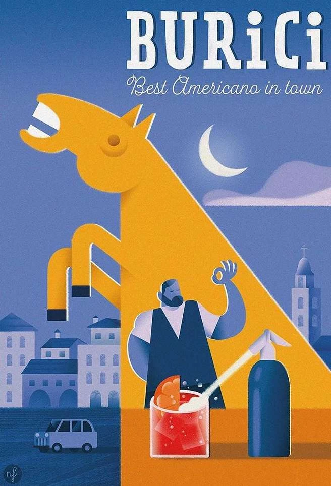 Digital poster illustration featuring a stylized yellow horse rearing up, a bartender making a drink, and city buildings under a crescent moon.
