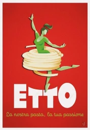 Illustration by Nicola Ferrarese of a green female figure dancing out of coiled pasta against a solid red background