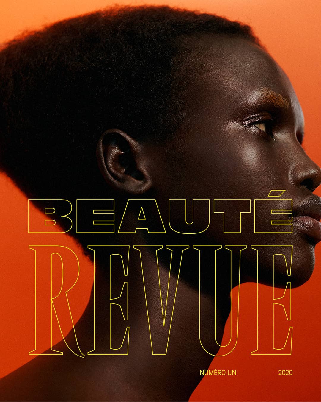 Close-up profile portrait of a black woman with short hair against an orange background by Nicolas Kantor.