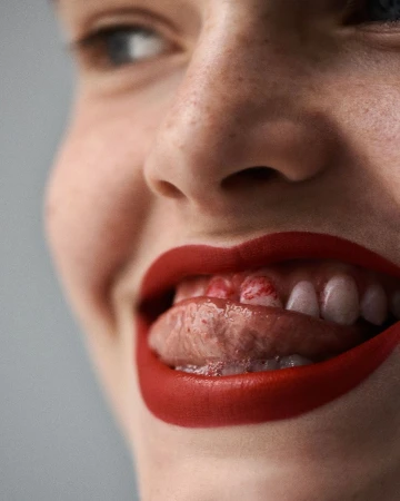 Extreme close-up portrait of a woman showing red lipstick and tongue by Nicolas Kantor