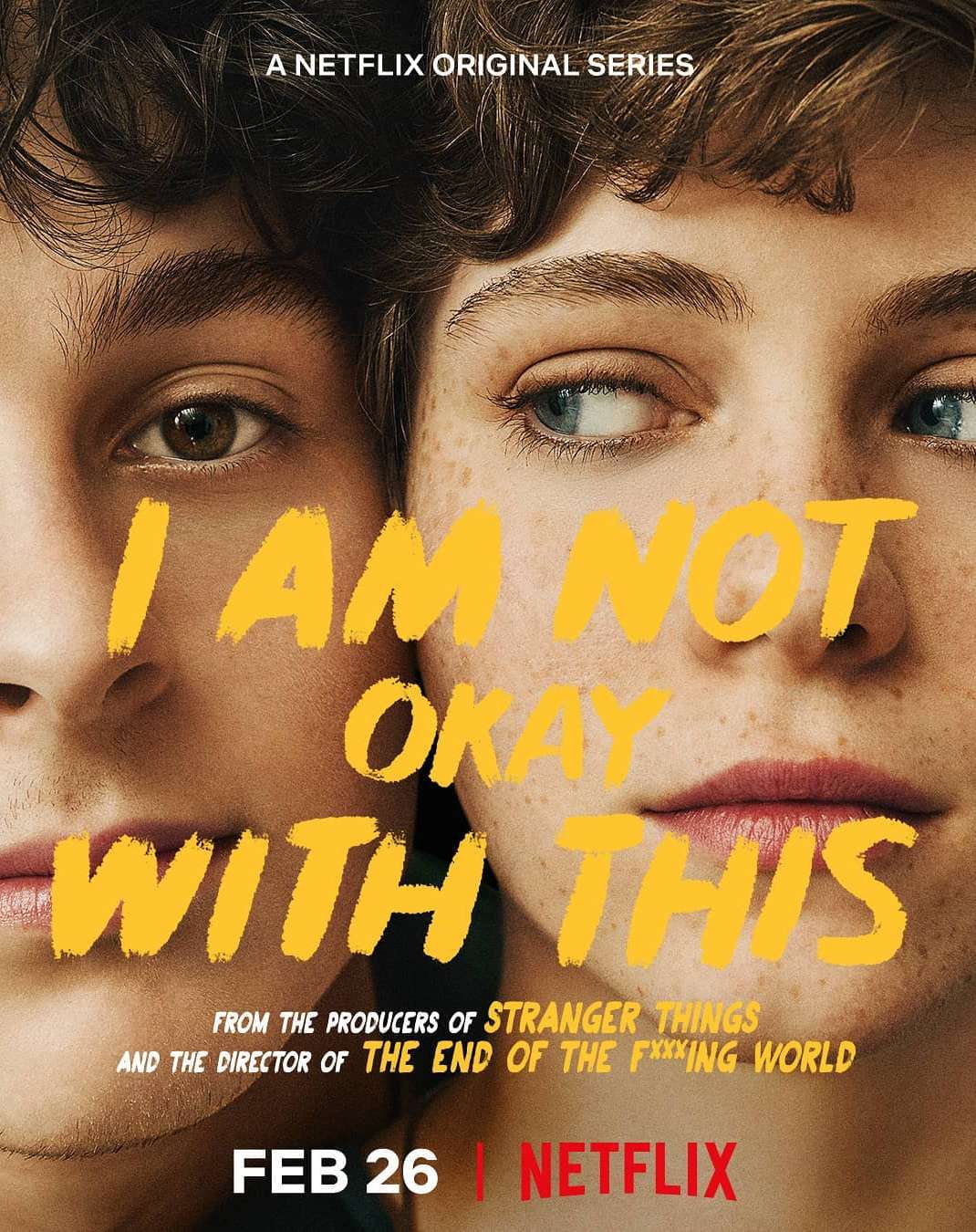 Movie poster featuring a close-up portrait of two young adults, a male and a female, faces pressed together, with yellow text overlay.