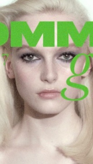 Close-up portrait of a fair-skinned blonde woman with striking smoky eyes against a blurred background and graphic text overlay.