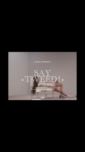 A stylish fashion visual presents a person seated on a chair in a neutral setting, accompanied by the text 'Say Tweed!' and branding.