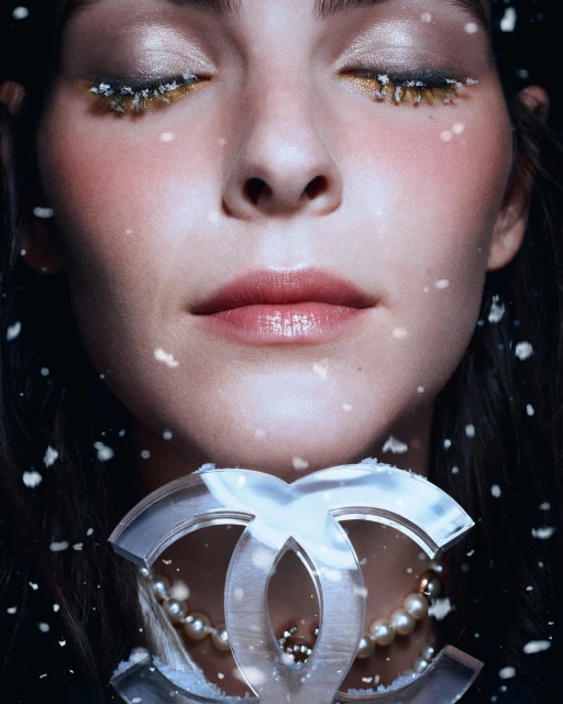 Close-up portrait of a woman with dramatic eye makeup, a glossy lip, and holding a translucent Chanel logo necklace in a studio.