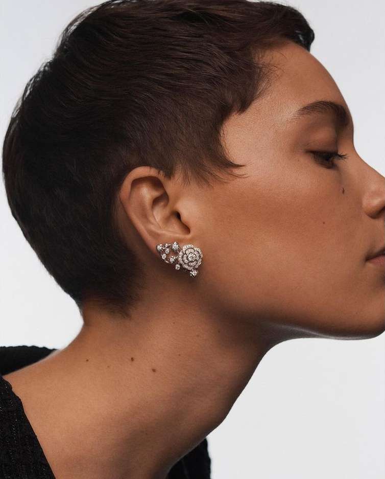 Close-up profile portrait of a model wearing intricate diamond floral earrings against a white background by Nicolas Kantor