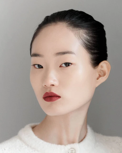 Close-up of a young Asian woman with dark hair and red lipstick, wearing a white sweater against a neutral gray backdrop.