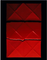 Red geometric folded paper panels arranged vertically against a deep black background by Nicolas Kowalski