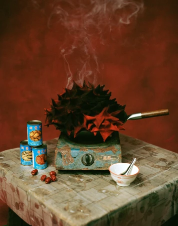 Spiky knit textile steaming in a frying pan over a rusted single-burner stove beside canned food and a small ceramic bowl.