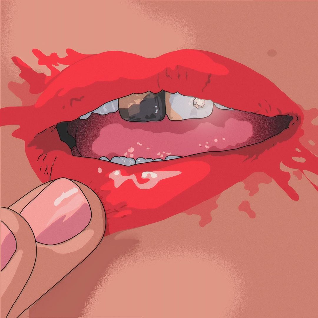 Illustration of a mouth with bright red lipstick and a hand pointing to a tooth with visible decay, set against a soft pink background.