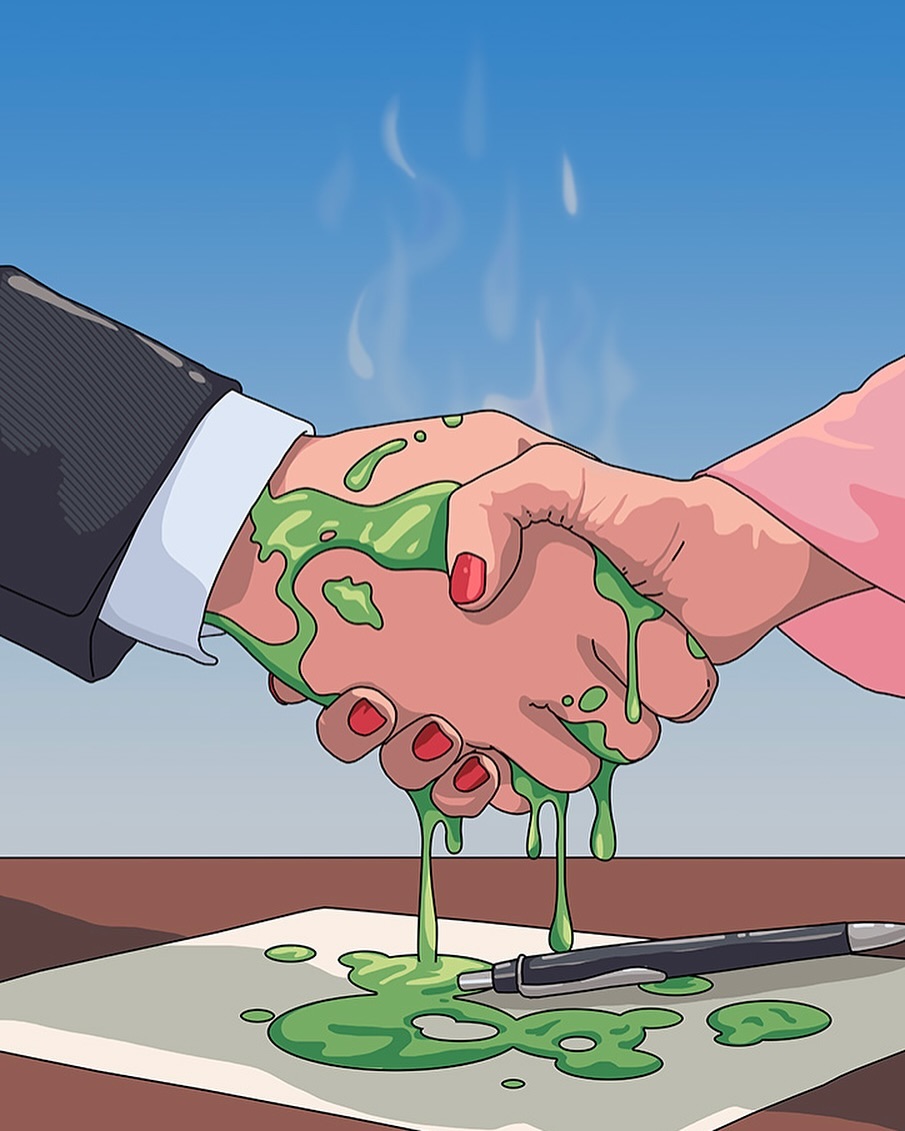 Illustration of two hands in a handshake dripping with green slime, on a desk with a contract and pen, set against a clear blue sky.