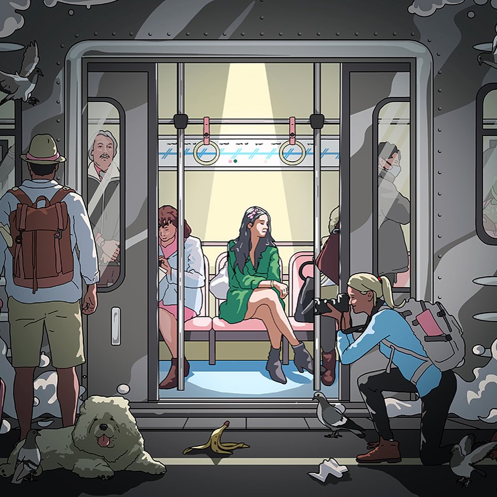 Illustrated scene inside a subway car with diverse passengers, a photographer, a dog, pigeons, and scattered banana peels.