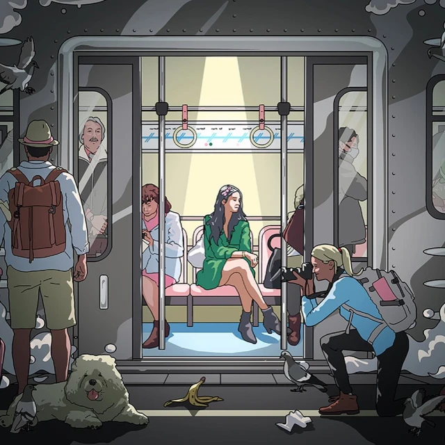 Illustrated scene inside a subway car with diverse passengers, a photographer, a dog, pigeons, and scattered banana peels.