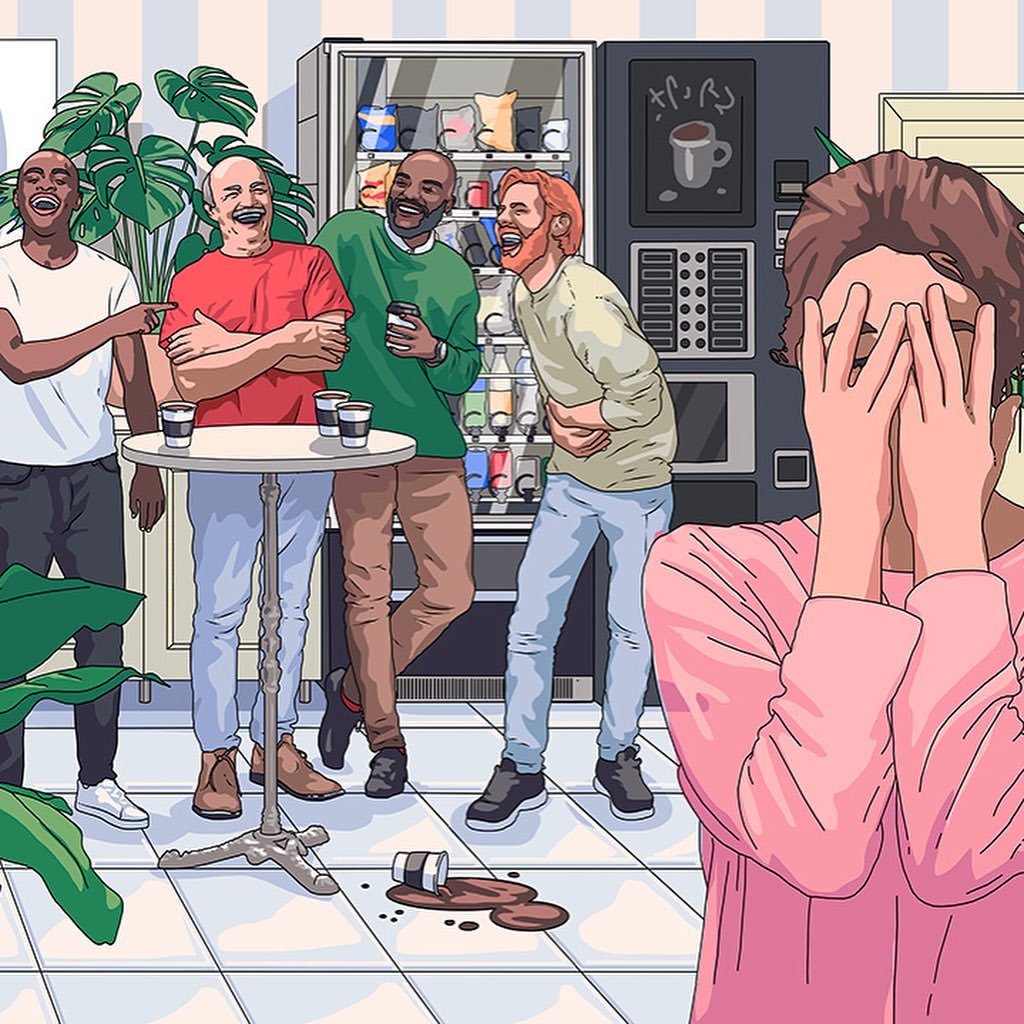 Illustration of group of four men laughing near table with spilled coffee, while a woman covers her face, set in a breakroom environment.