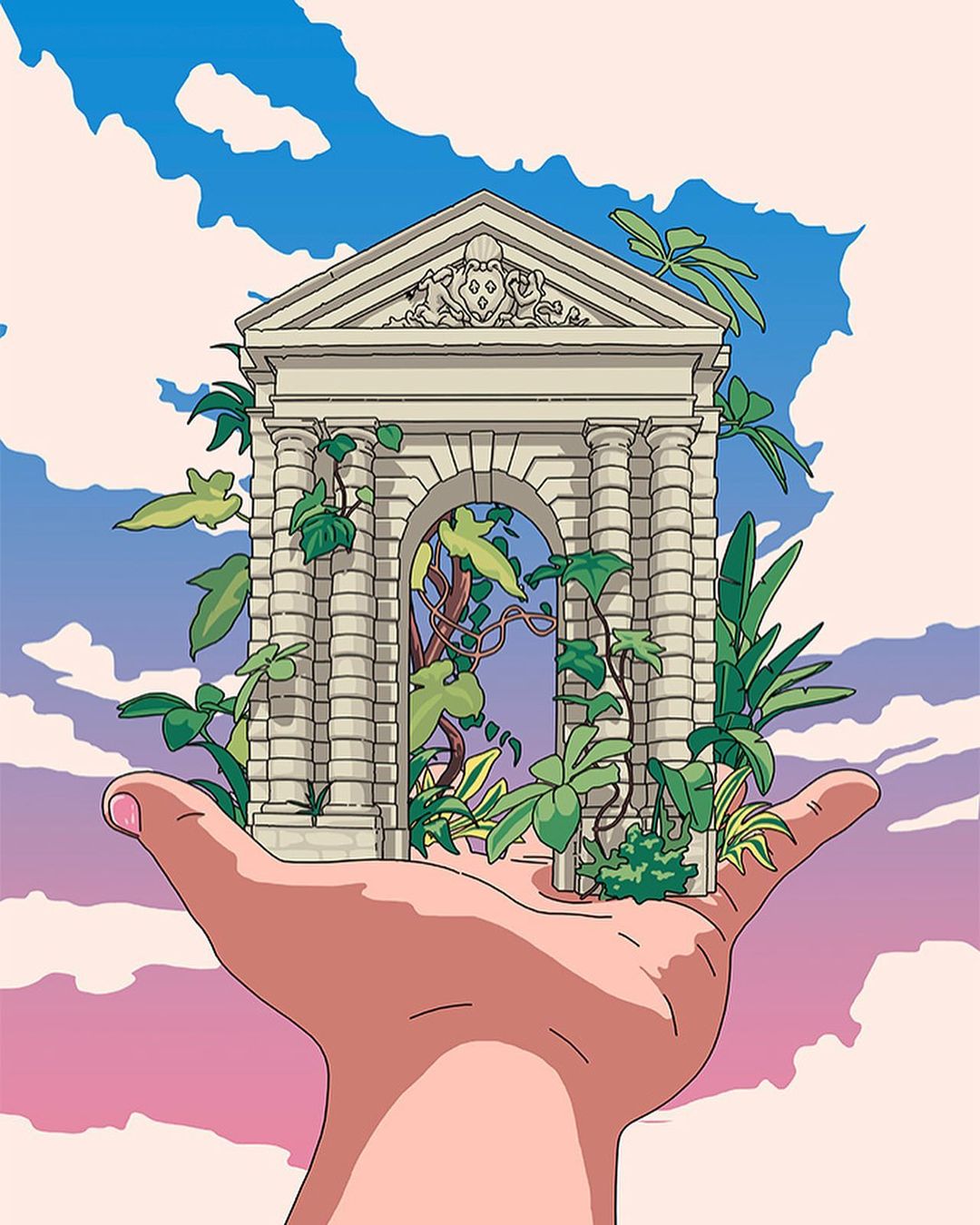 Illustration of a large hand holding a stone archway with lush plants against a background of sky and clouds.
