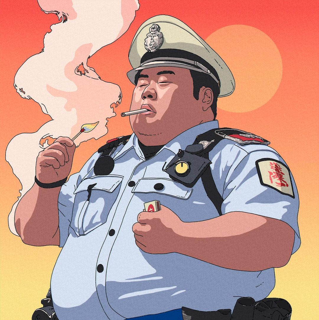 Illustration of an Asian police officer in uniform smoking a cigarette, holding a match and a pack of cigarettes with an orange sky backdrop.