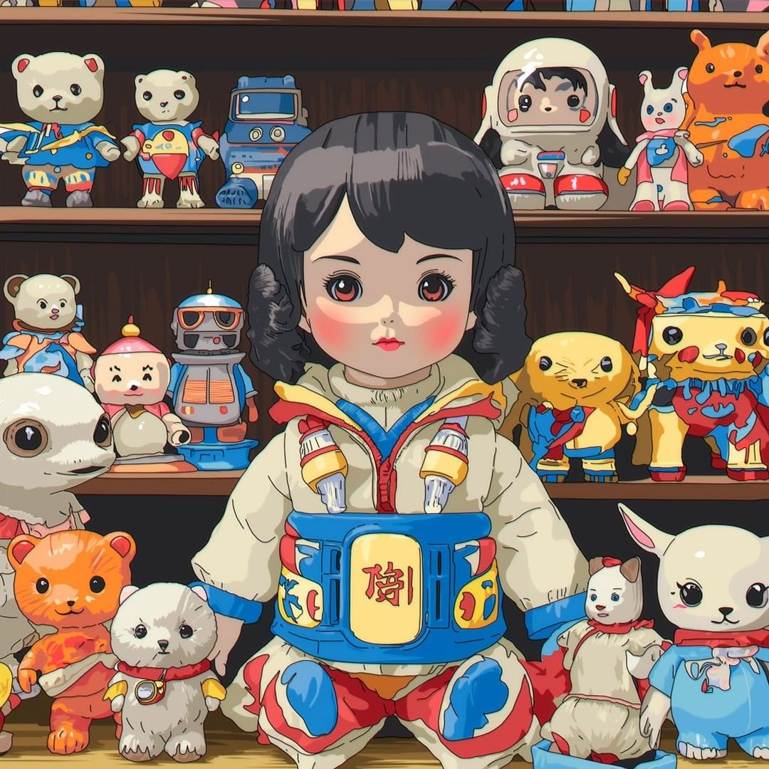 Anime-style doll wearing jumpsuit surrounded by toy robots and plush animals on a shelf. Childlike face, dark hair, red cheeks.