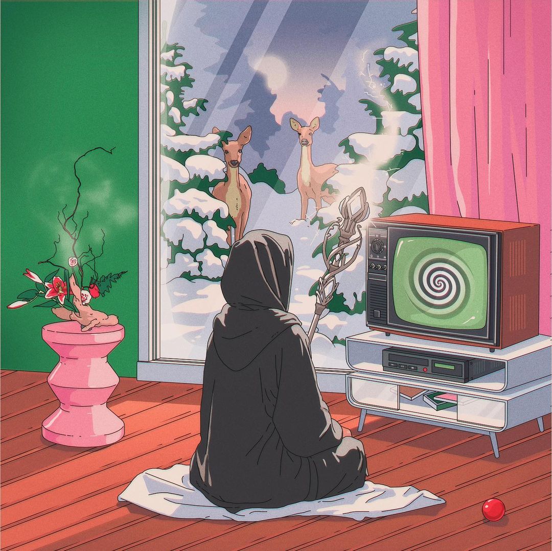 Illustration of a person in a hooded robe meditating in front of a television showing a spiral, deer visible through the window.