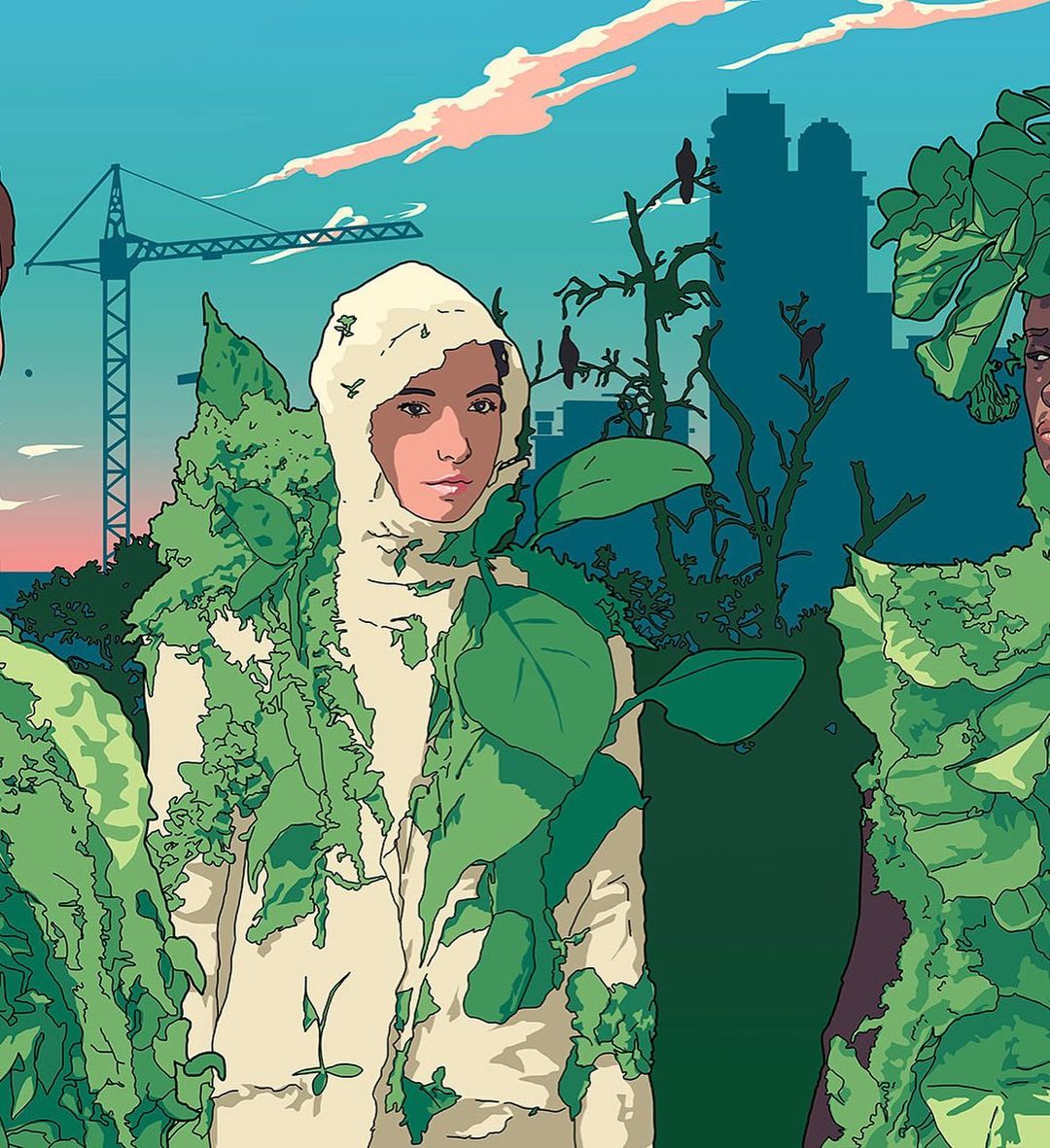 Illustration of three figures in leafy costumes against an urban skyline at sunset, showcasing a blend of nature and city themes.
