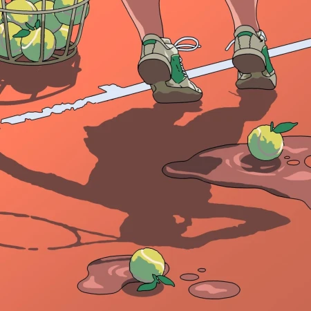 Illustration of tennis balls on a clay court, with a tennis ball basket and person's legs and feet in tennis shoes visible.