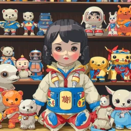 An illustrated figure in a white and blue astronaut jumpsuit surrounded by various toy figures on shelves in Paris by Nicolas Ridou.
