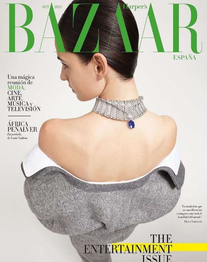 Harper's Bazaar España cover featuring a woman with a necklace, shot from behind, with magazine text overlay.