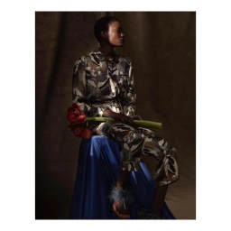 Model wearing a patterned silk shirt and trousers seated on a blue fabric-draped stool holding red flowers by Nicolas Valois