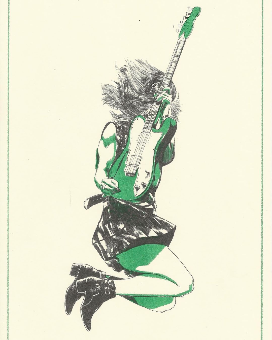 Illustration of a woman leaping in the air playing a green and white electric guitar against a cream background in an illustration.