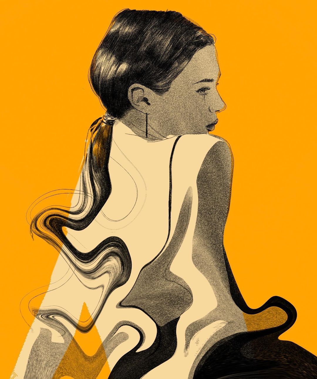 Illustration of a young woman with dark hair in a ponytail looking over her shoulder, wearing a light-colored top, on an orange background.