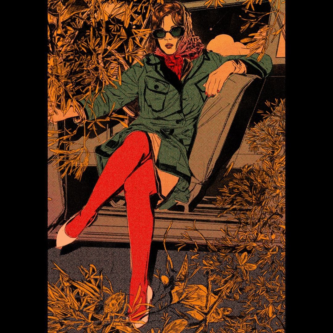 Illustration of a woman with sunglasses, red stockings, and a headscarf sitting outdoors surrounded by foliage in a graphic novel style.
