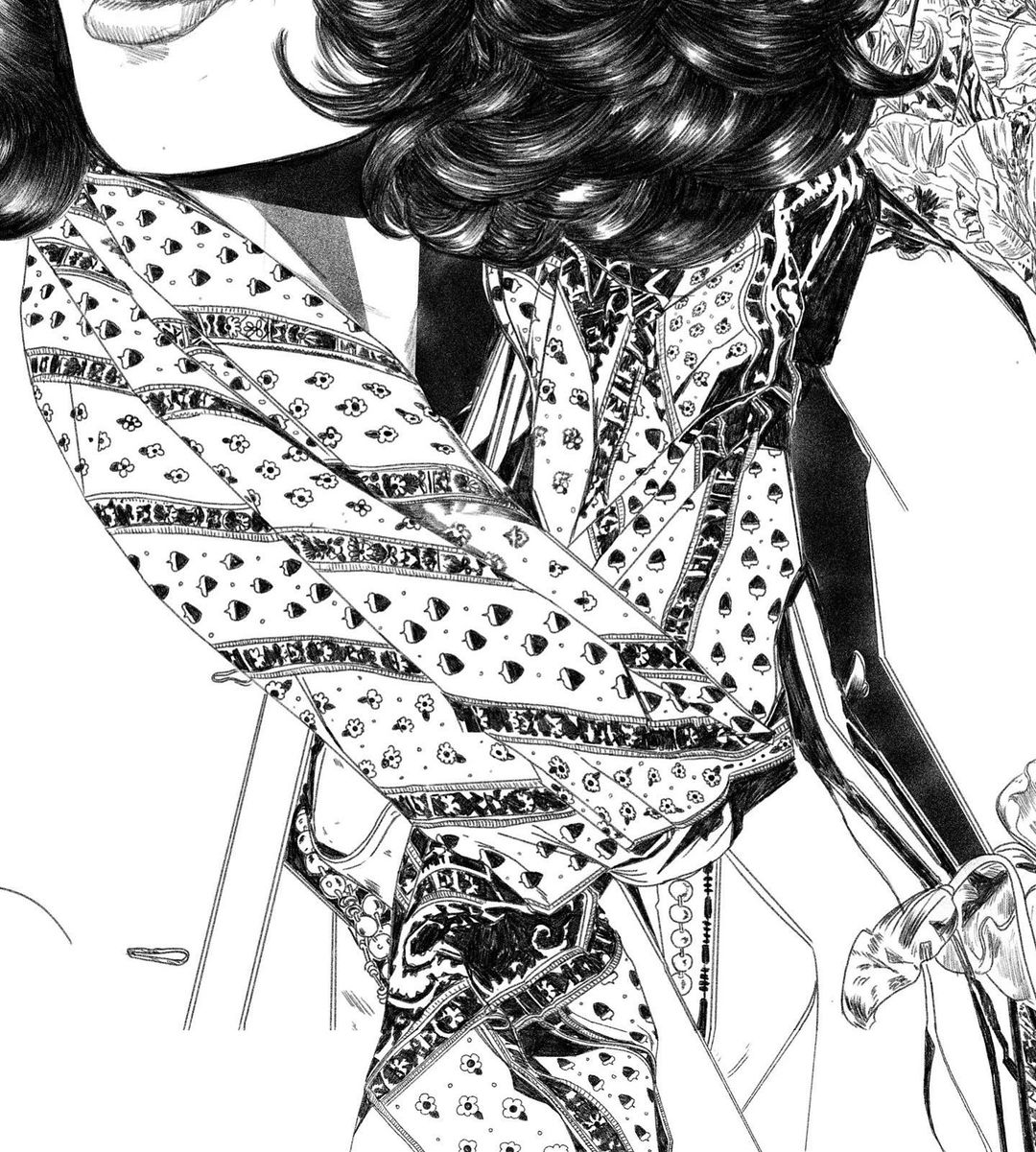 Detailed black and white illustration of a person wearing a patterned top with dark hair, showcasing fine line work and intricate design.
