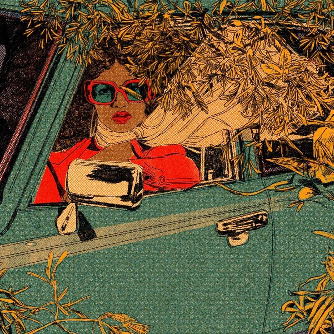 Illustration of a woman with red glasses in a vintage car surrounded by leafy branches. Retro art style, bright colors.