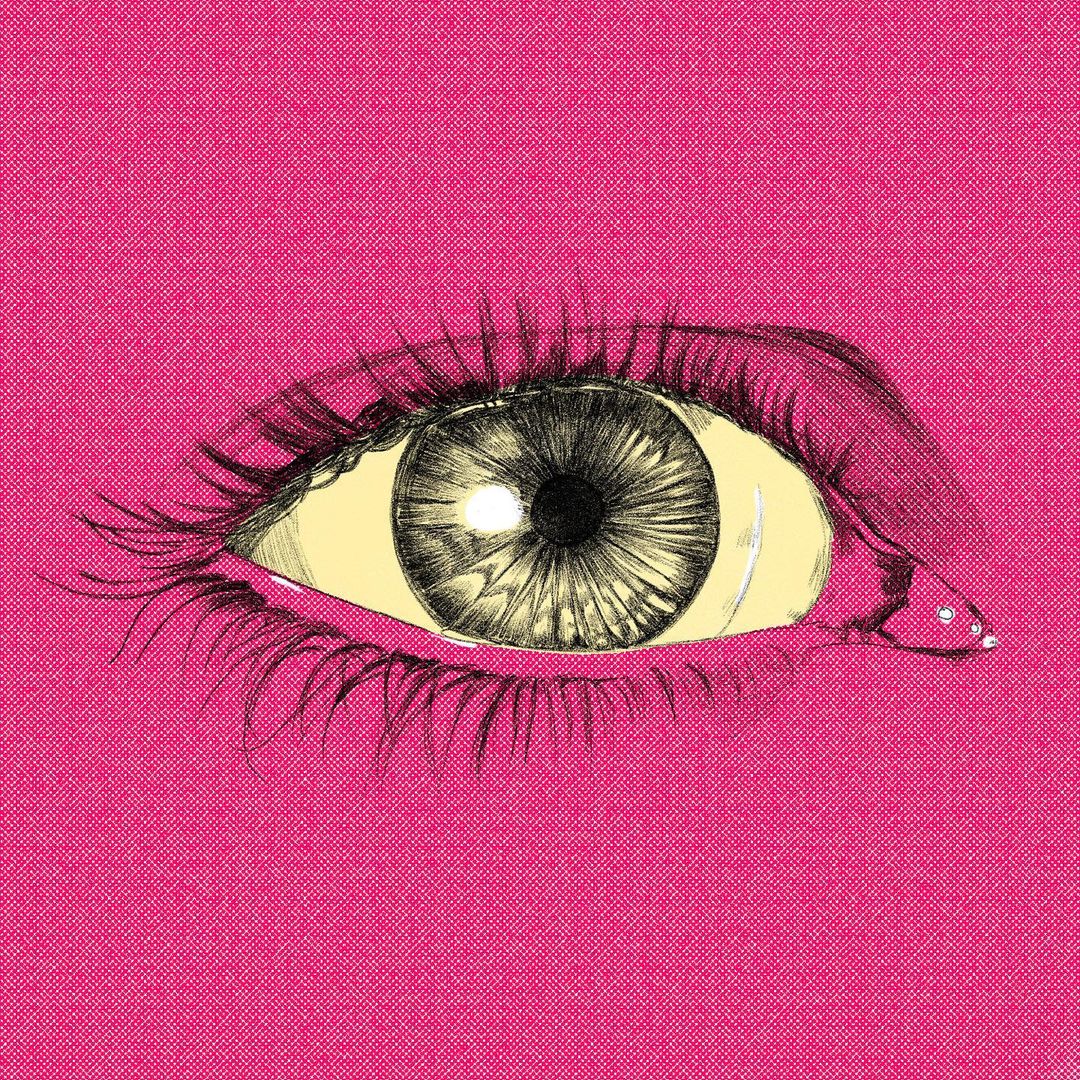 Illustration of a human eye with long eyelashes, set against a textured, hot-pink background, blending beauty and art.