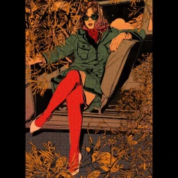 Retro illustration of a woman in sunglasses, green coat, and red stockings relaxing amidst foliage.