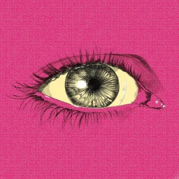Detailed ink illustration of an eye featuring a yellow iris against a vibrant pink textured background by Nicole Rifkin.
