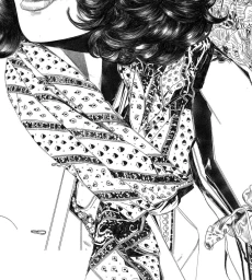 Black and white editorial illustration of a woman wearing a patterned silk scarf and dark wavy hair by Nicole Rifkin