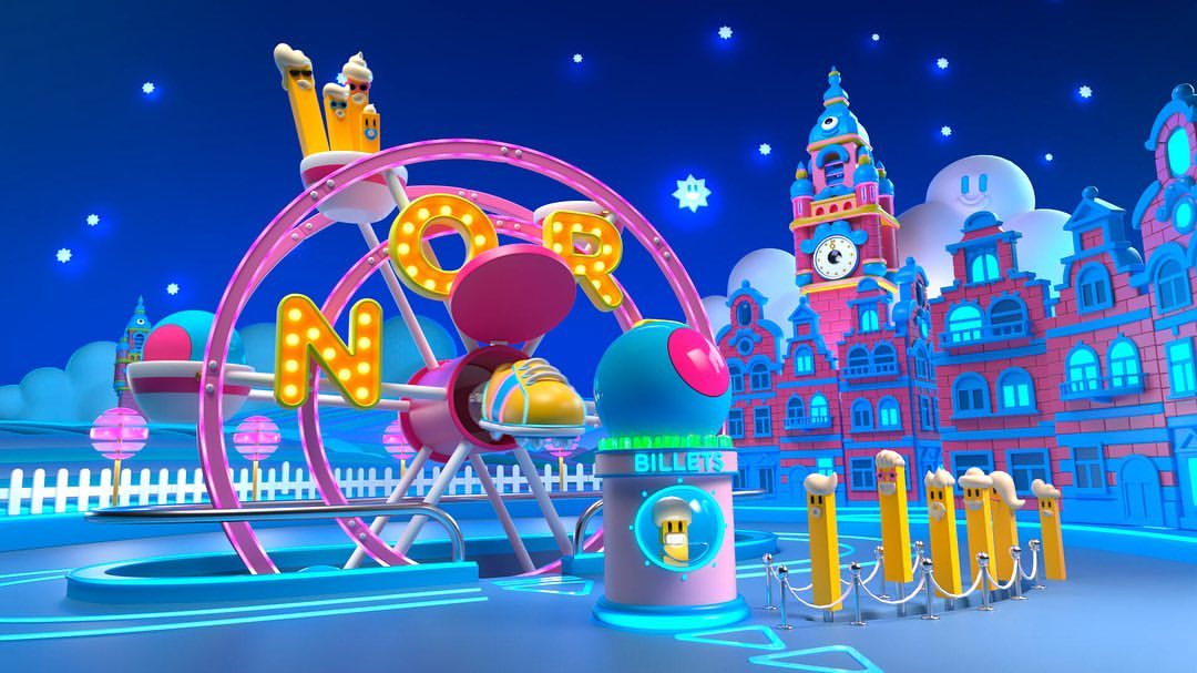 A whimsical, colourful animated scene depicts a carnival ride with a large wheel and booths against a starry night sky backdrop.