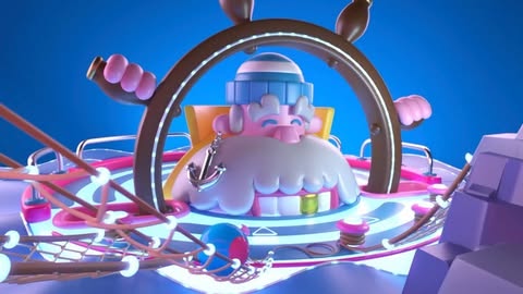 Colorful 3D render of a whimsical sailor character with an anchor and a ship's wheel on a boat against a blue gradient background.