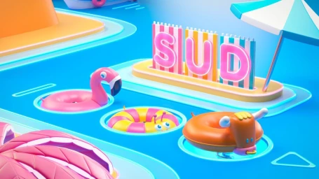 A stylized 3D render of a vibrant pool scene featuring pink flamingo floaties, a beach umbrella, and bold signage spelling SUD.