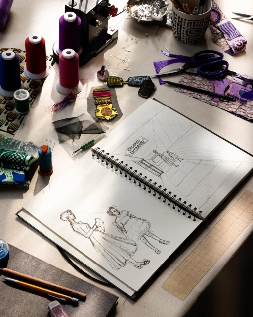 Fashion design sketch on open notebook surrounded by sewing supplies including threads, scissors, and fabric scraps on a work table.