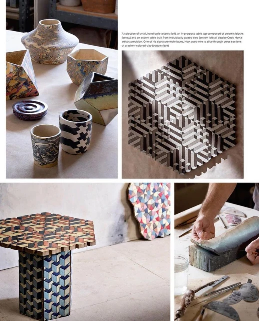 Handcrafted ceramic art including vases, bowls, and mosaic tile art in a neutral-toned studio environment with natural lighting.