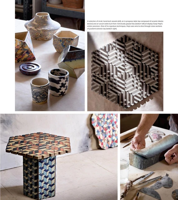 Assortment of handcrafted ceramic vessels and tessellated table tops displayed against a neutral backdrop, showcasing unique surface textures and patterns.