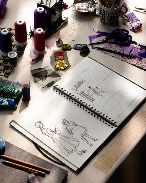 Open sketchbook on a craft table showing fashion design sketches, surrounded by threads, tools, and fabric scraps in a studio setting.