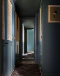 Narrow dark green hallway lined with tall built-in cabinets featuring woven cane panels and brass hardware.