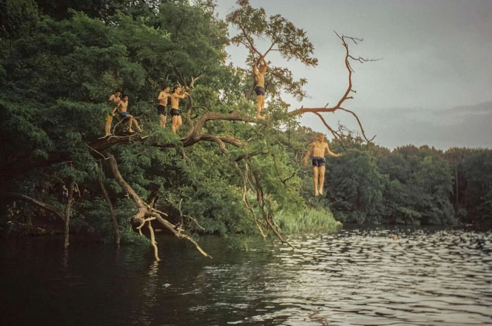 Group of young men climbing and jumping from a tree branch into a lake, surrounded by green trees on an overcast day.